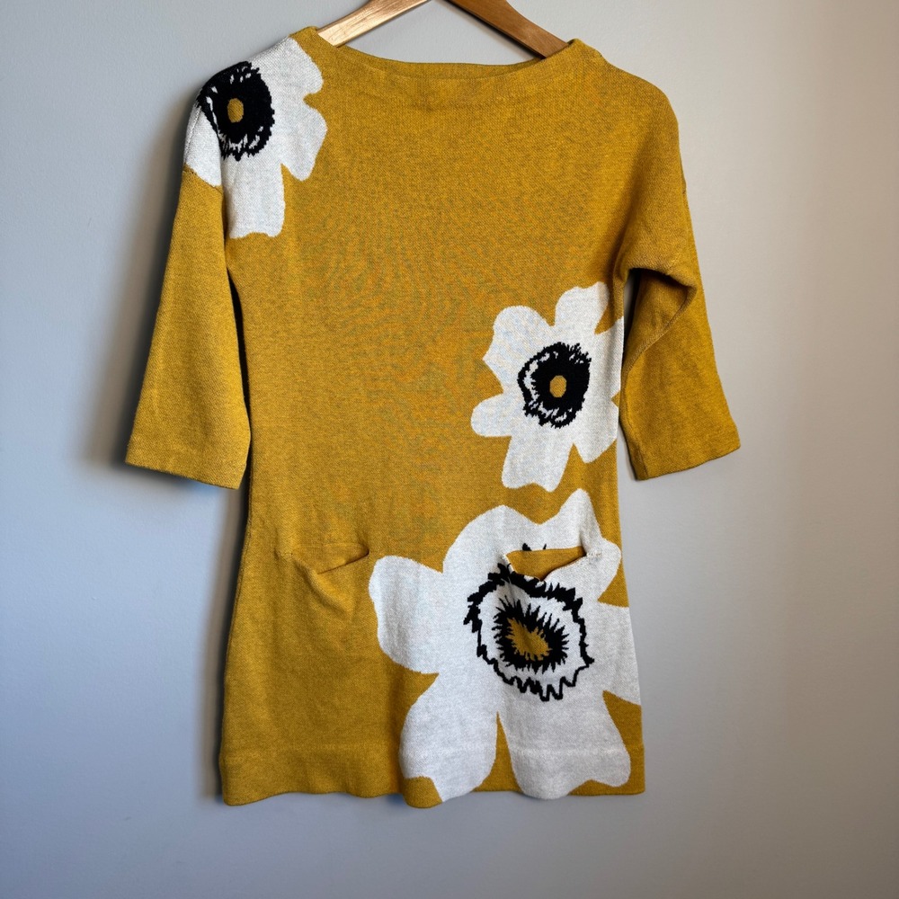 Field‎ Flower Floral Knit Mini Dress Mustard Yellow XS 3/4 Sleeve Pockets Hippie
